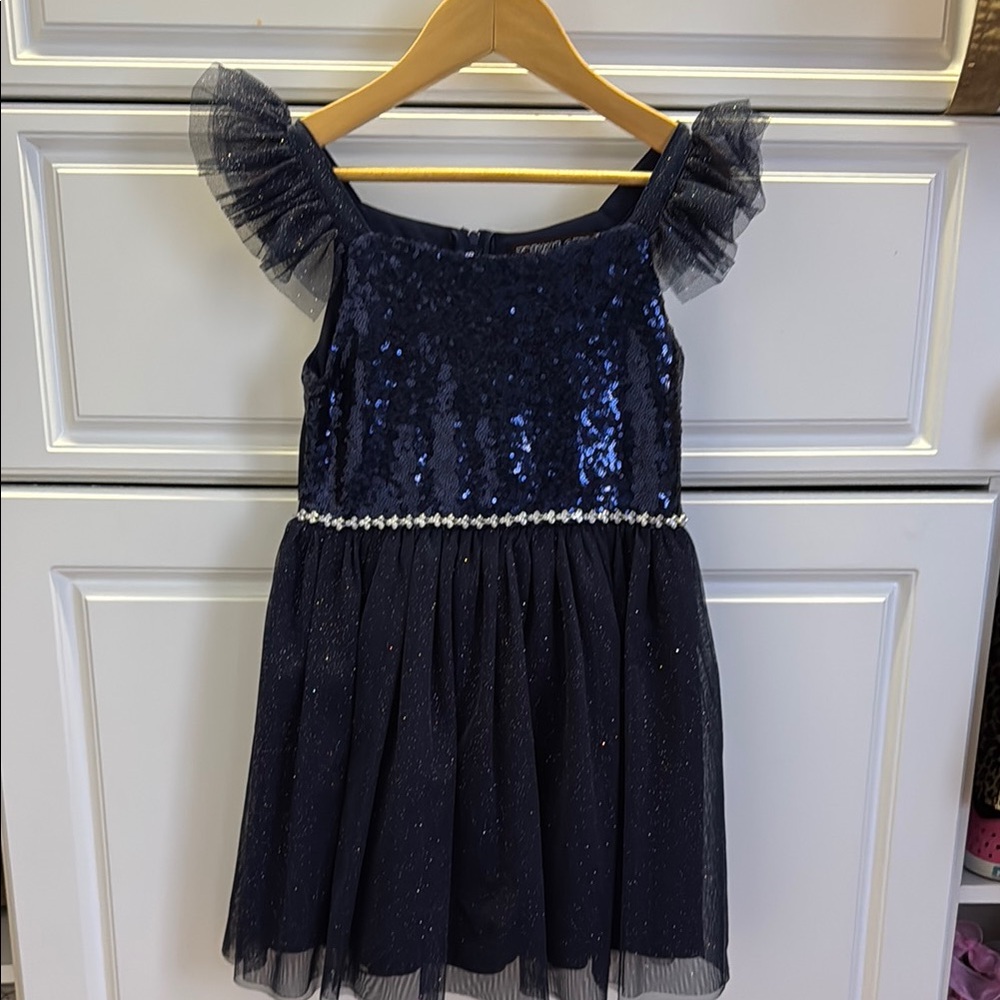 Navy Blue Sequin Dress with Tulle Skirt